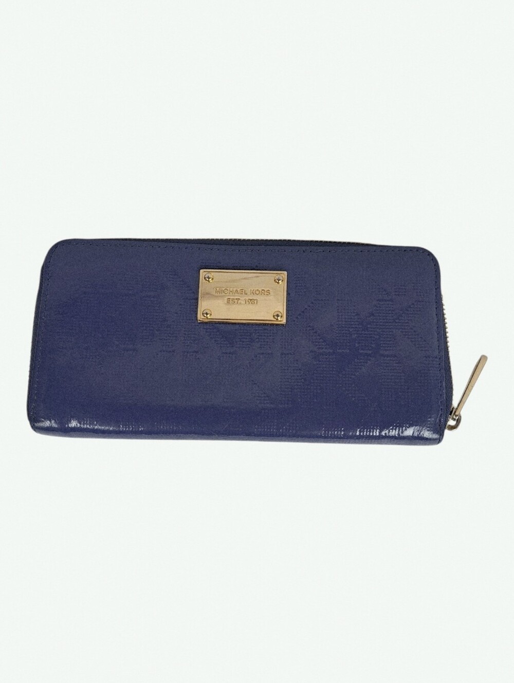This is a blue Michael Kors continental ziparound wallet with a patent finish